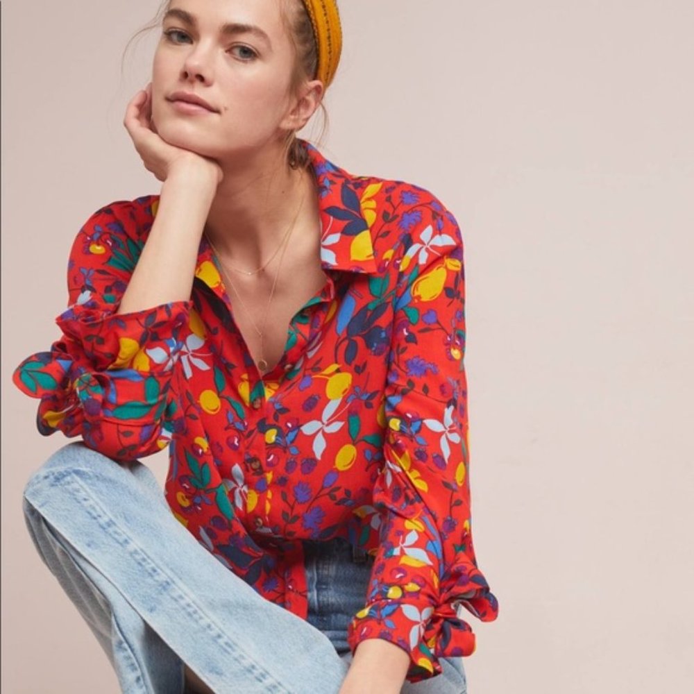 MAEVE Red Floral Fruit Button Down Shirt Size 10